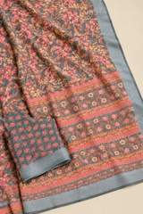 Grey Floral Printed Pure Linen Saree with Matching Blouse Piece – view 3
