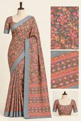 Grey Floral Printed Pure Linen Saree with Matching Blouse Piece – view 4