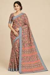 Grey Floral Printed Pure Linen Saree with Matching Blouse Piece – view 2