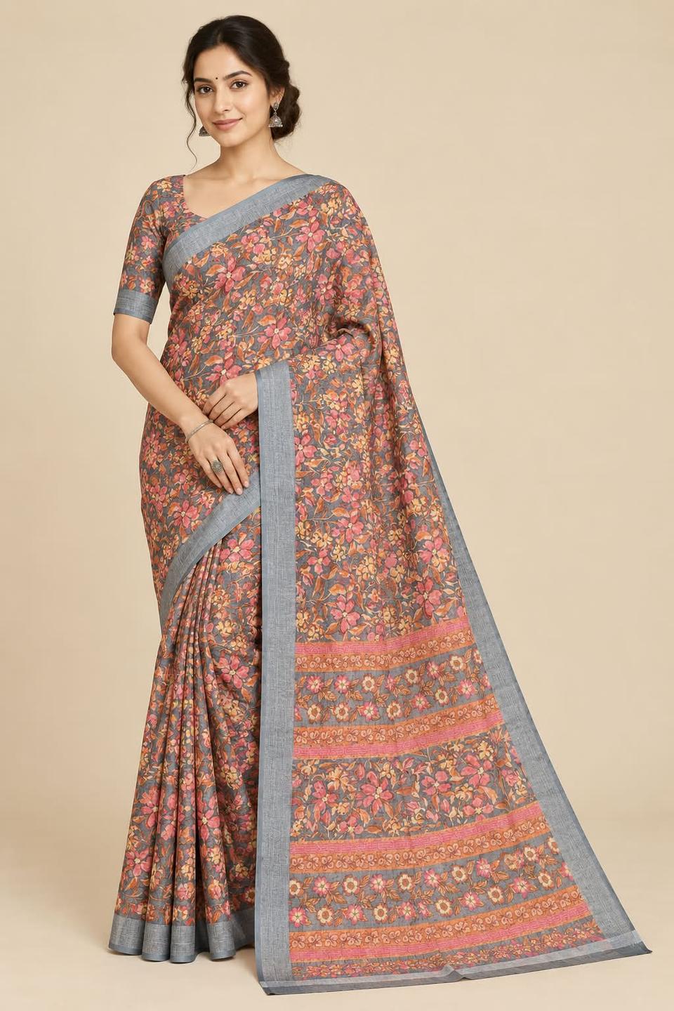 Grey Floral Printed Pure Linen Saree with Matching Blouse Piece – view 2
