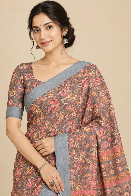 Grey Floral Printed Pure Linen Saree with Matching Blouse Piece