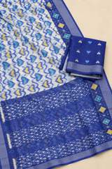 Blue & White Pure Linen Ikkat Print Saree with Zari Border in Nevy Blue – view 3