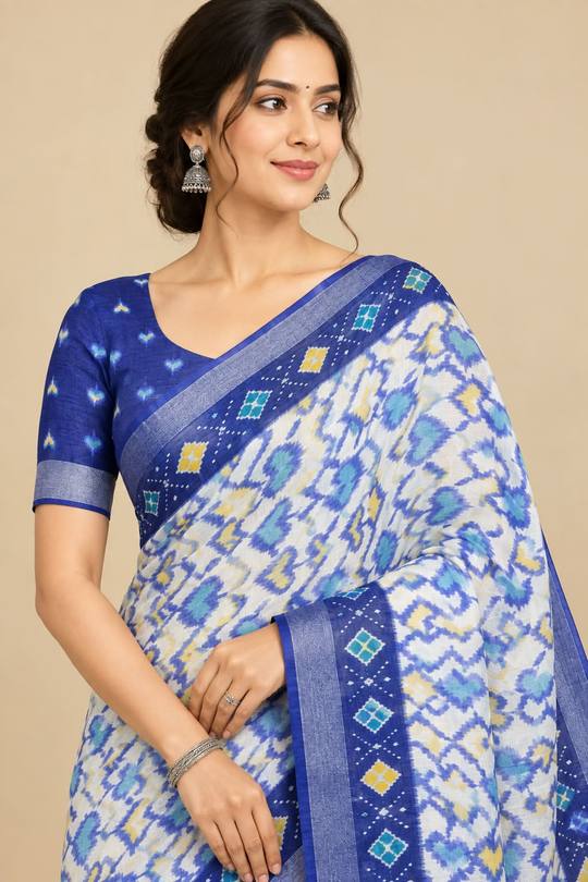Blue & White Pure Linen Ikkat Print Saree with Zari Border in Nevy Blue