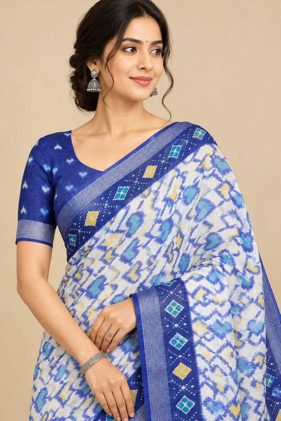 Blue & White Pure Linen Ikkat Print Saree with Zari Border in Nevy Blue