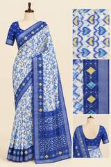 Blue & White Pure Linen Ikkat Print Saree with Zari Border in Nevy Blue – view 4