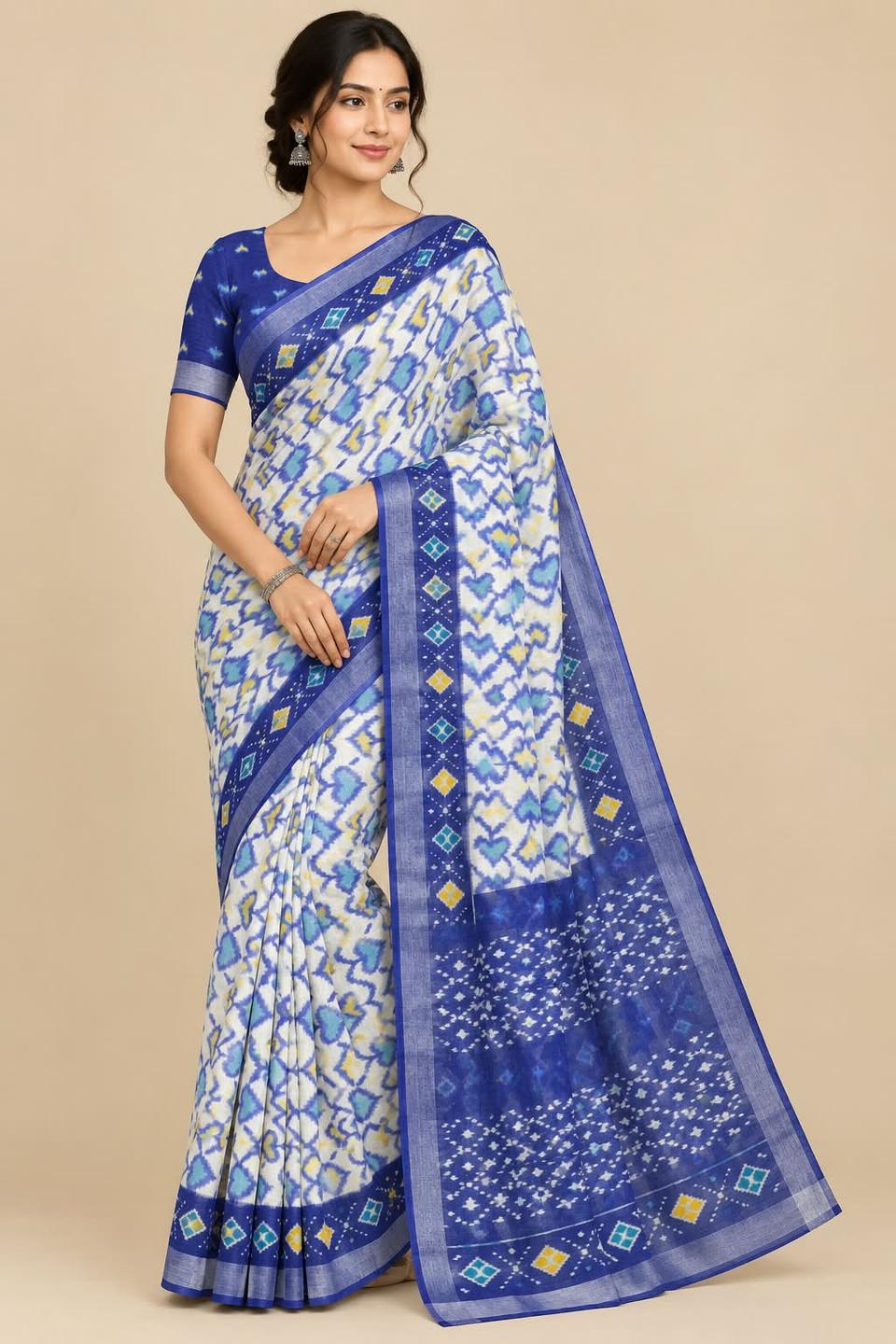 Blue & White Pure Linen Ikkat Print Saree with Zari Border in Nevy Blue – view 2