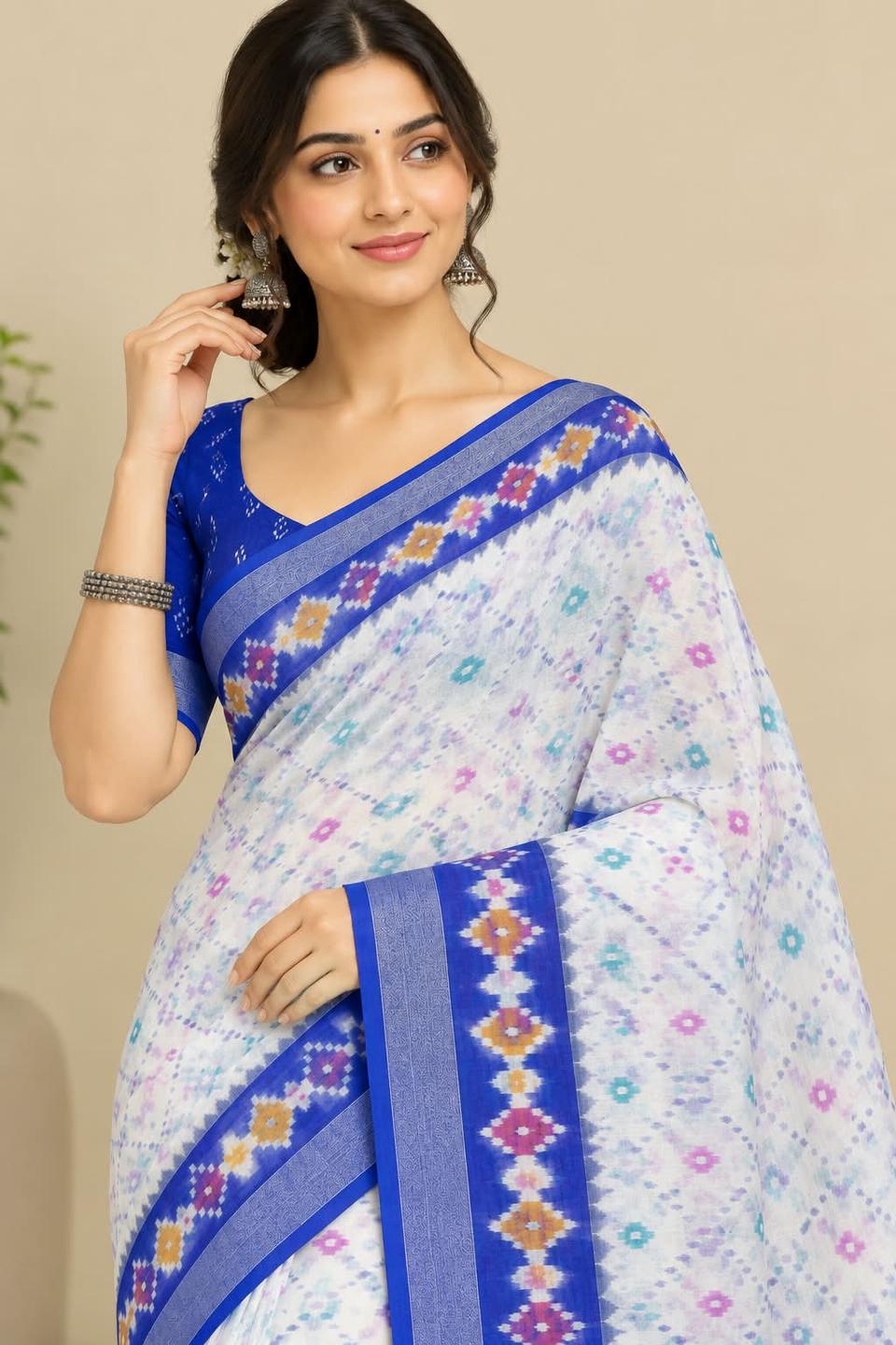 Elegant Off-White Linen Saree with Royal Blue Ikkat Border & Matching Blouse Piece