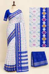 Elegant Off-White Linen Saree with Royal Blue Ikkat Border & Matching Blouse Piece – view 3