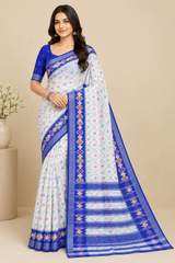 Elegant Off-White Linen Saree with Royal Blue Ikkat Border & Matching Blouse Piece – view 2