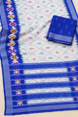 Elegant Off-White Linen Saree with Royal Blue Ikkat Border & Matching Blouse Piece – view 4