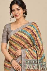 Multi-Color Diagonal Striped Digital Print Linen Saree with Grey Textured Border & Blouse Piece in Brown