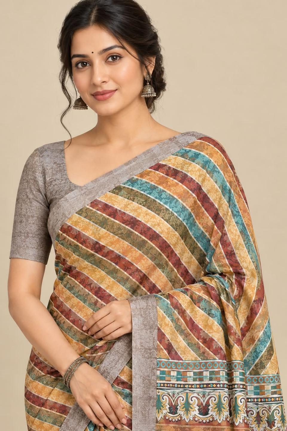 Multi-Color Diagonal Striped Digital Print Linen Saree with Grey Textured Border & Blouse Piece in Brown