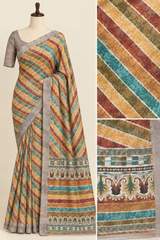 Multi-Color Diagonal Striped Digital Print Linen Saree with Grey Textured Border & Blouse Piece in Brown – view 3