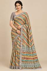 Multi-Color Diagonal Striped Digital Print Linen Saree with Grey Textured Border & Blouse Piece in Brown – view 2