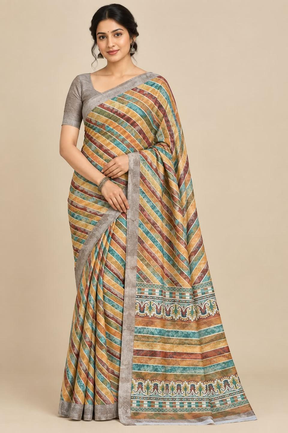 Multi-Color Diagonal Striped Digital Print Linen Saree with Grey Textured Border & Blouse Piece in Brown – view 2