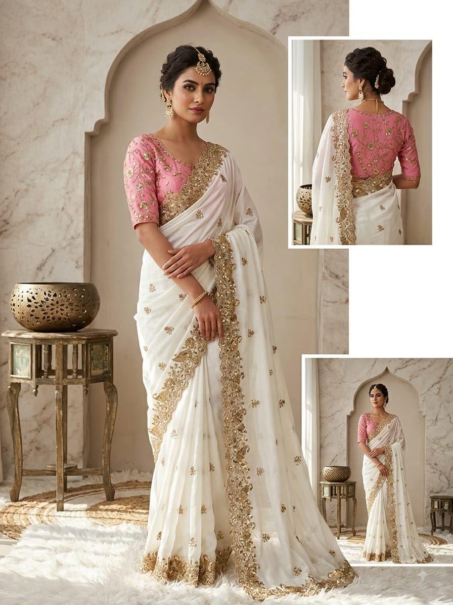 Premium Rangoli Silk White Saree With Pink Contrast Blouse And Heavy Zari Sequin Embroidery – view 2