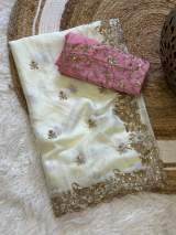 Premium Rangoli Silk White Saree With Pink Contrast Blouse And Heavy Zari Sequin Embroidery – view 5