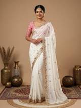 Premium Rangoli Silk White Saree With Pink Contrast Blouse And Heavy Zari Sequin Embroidery