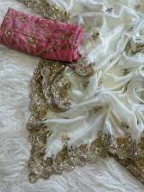 Premium Rangoli Silk White Saree With Pink Contrast Blouse And Heavy Zari Sequin Embroidery – view 9