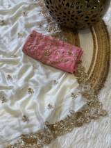 Premium Rangoli Silk White Saree With Pink Contrast Blouse And Heavy Zari Sequin Embroidery – view 4