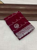 Stunning Designer Chinnon Silk Saree with Heavy Silver Embroidery and Contrast Blouse Piece in Rani