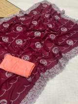 Stunning Designer Chinnon Silk Saree with Heavy Silver Embroidery and Contrast Blouse Piece in Rani – view 2