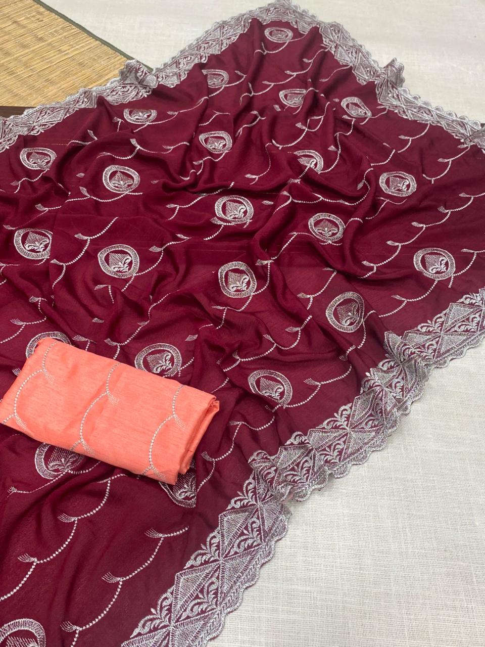 Stunning Designer Chinnon Silk Saree with Heavy Silver Embroidery and Contrast Blouse Piece in Rani – view 2