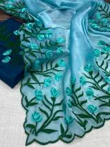 Soft Jimmy Chiffon Floral Embroidered Saree with Matching Blouse Piece in Aqua blue – view 2