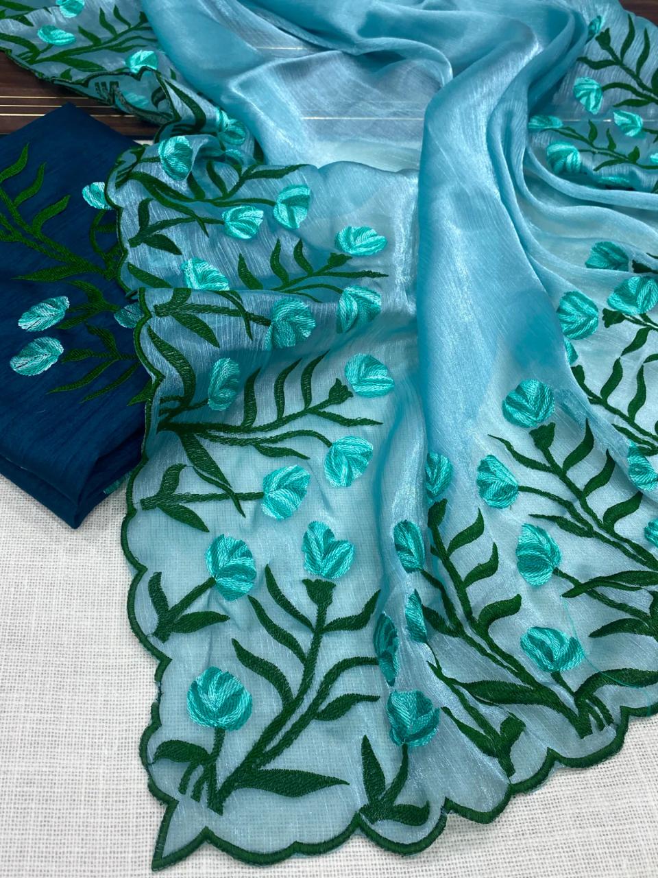 Soft Jimmy Chiffon Floral Embroidered Saree with Matching Blouse Piece in Aqua blue – view 2