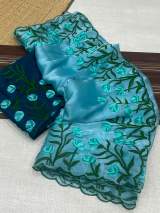 Soft Jimmy Chiffon Floral Embroidered Saree with Matching Blouse Piece in Aqua blue