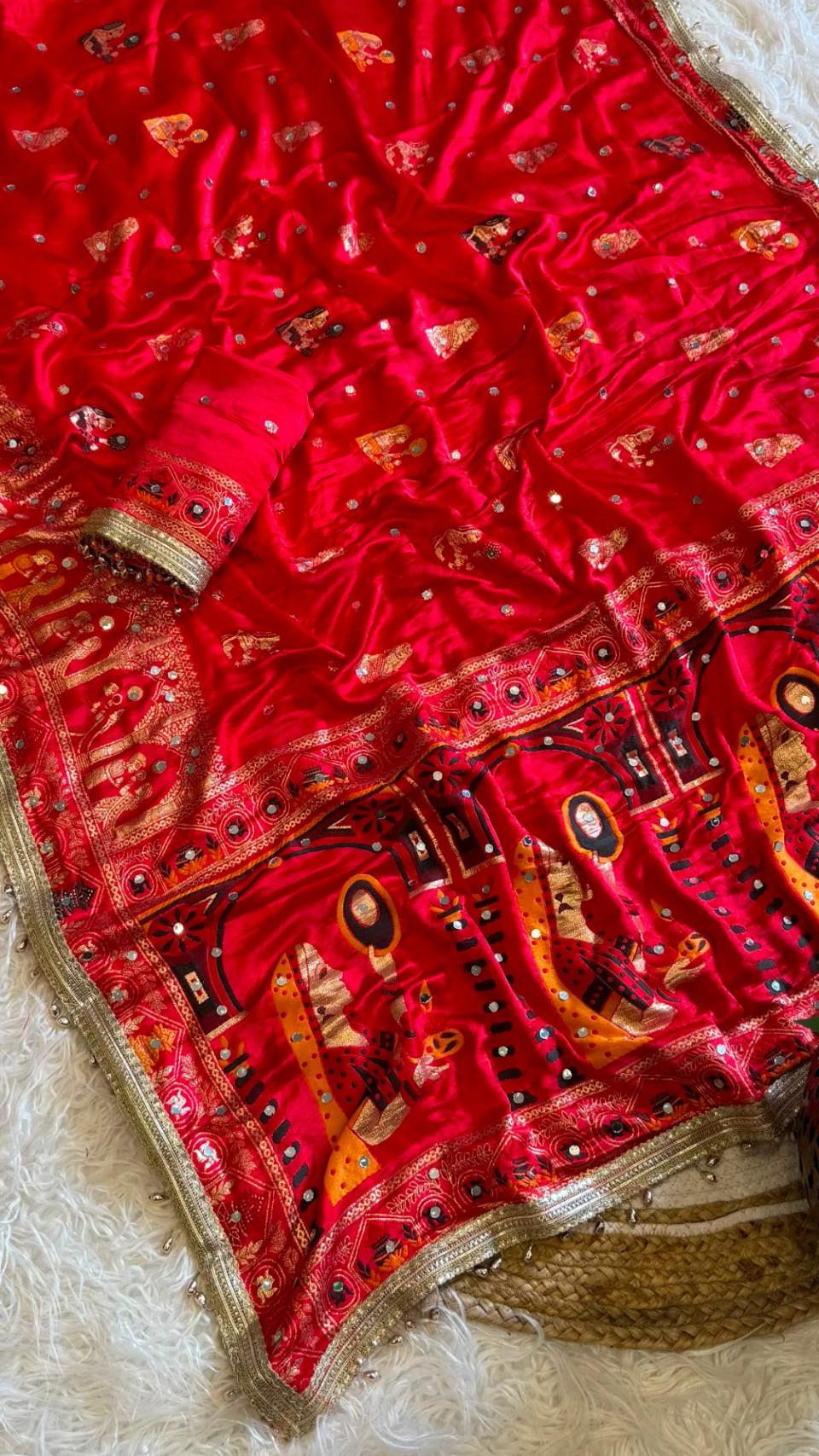 Premium Red Gaji Silk Saree with Traditional Pichwai Border & Mirror Work