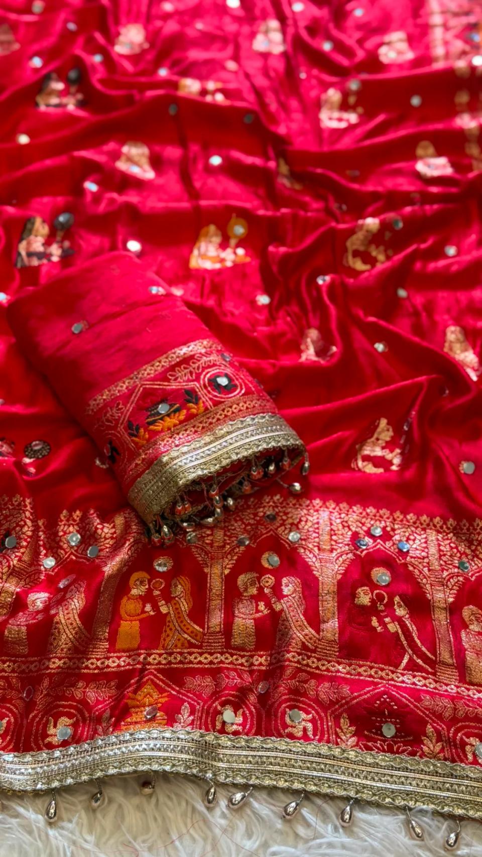 Premium Red Gaji Silk Saree with Traditional Pichwai Border & Mirror Work – view 2
