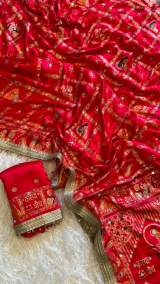 Premium Gaji Silk Red Karwa Chauth Special Saree With Mirror Work – view 7