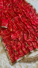 Premium Gaji Silk Red Karwa Chauth Special Saree With Mirror Work