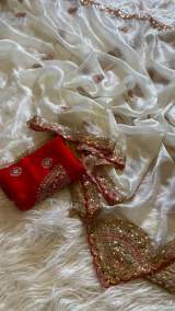 Premium Space Silk Designer Party Wear Saree With Heavy Sequin Work And Contrast Blouse in White