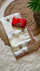 Premium Space Silk Designer Party Wear Saree With Heavy Sequin Work And Contrast Blouse in White – view 4