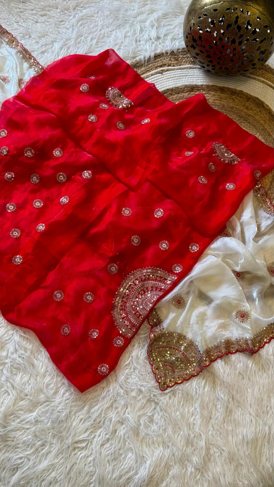 Premium Space Silk Designer Party Wear Saree With Heavy Sequin Work And Contrast Blouse in White – view 2