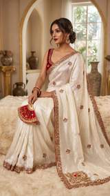 Premium Space Silk Designer Saree with Heavy Sequins & Peacock Embroidery in White – view 3