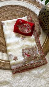 Premium Space Silk Designer Saree with Heavy Sequins & Peacock Embroidery in White