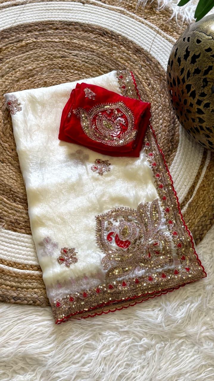 Premium Space Silk Designer Saree with Heavy Sequins & Peacock Embroidery in White