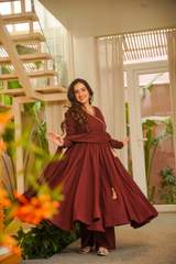 Maroon Viscose Chanderi Angrakha Anarkali Suit Set with Dupatta in Red – view 6