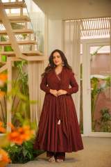 Maroon Viscose Chanderi Angrakha Anarkali Suit Set with Dupatta in Red – view 3