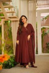 Maroon Viscose Chanderi Angrakha Anarkali Suit Set with Dupatta in Red – view 4