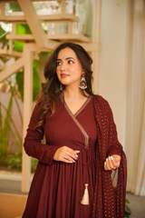 Maroon Viscose Chanderi Angrakha Anarkali Suit Set with Dupatta in Red