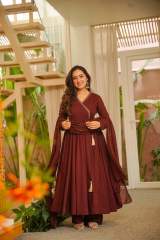 Maroon Viscose Chanderi Angrakha Anarkali Suit Set with Dupatta in Red – view 2