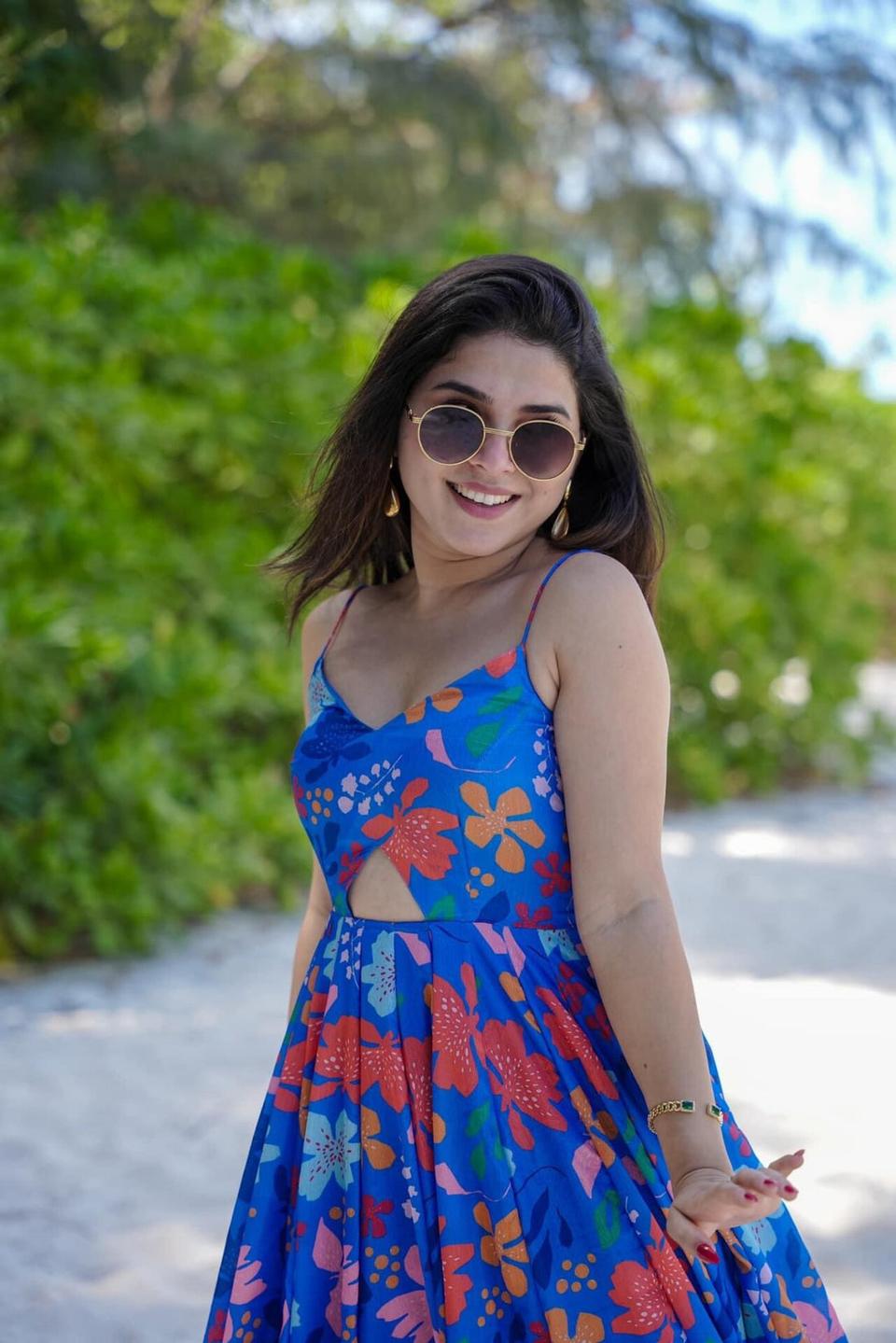 Vibrant Blue Floral Printed Poly Rayon Maxi Dress with Front Cutout & Tiered Hem