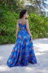 Vibrant Blue Floral Printed Poly Rayon Maxi Dress with Front Cutout & Tiered Hem – view 3