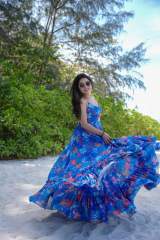 Vibrant Blue Floral Printed Poly Rayon Maxi Dress with Front Cutout & Tiered Hem – view 4