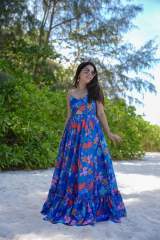 Vibrant Blue Floral Printed Poly Rayon Maxi Dress with Front Cutout & Tiered Hem – view 2