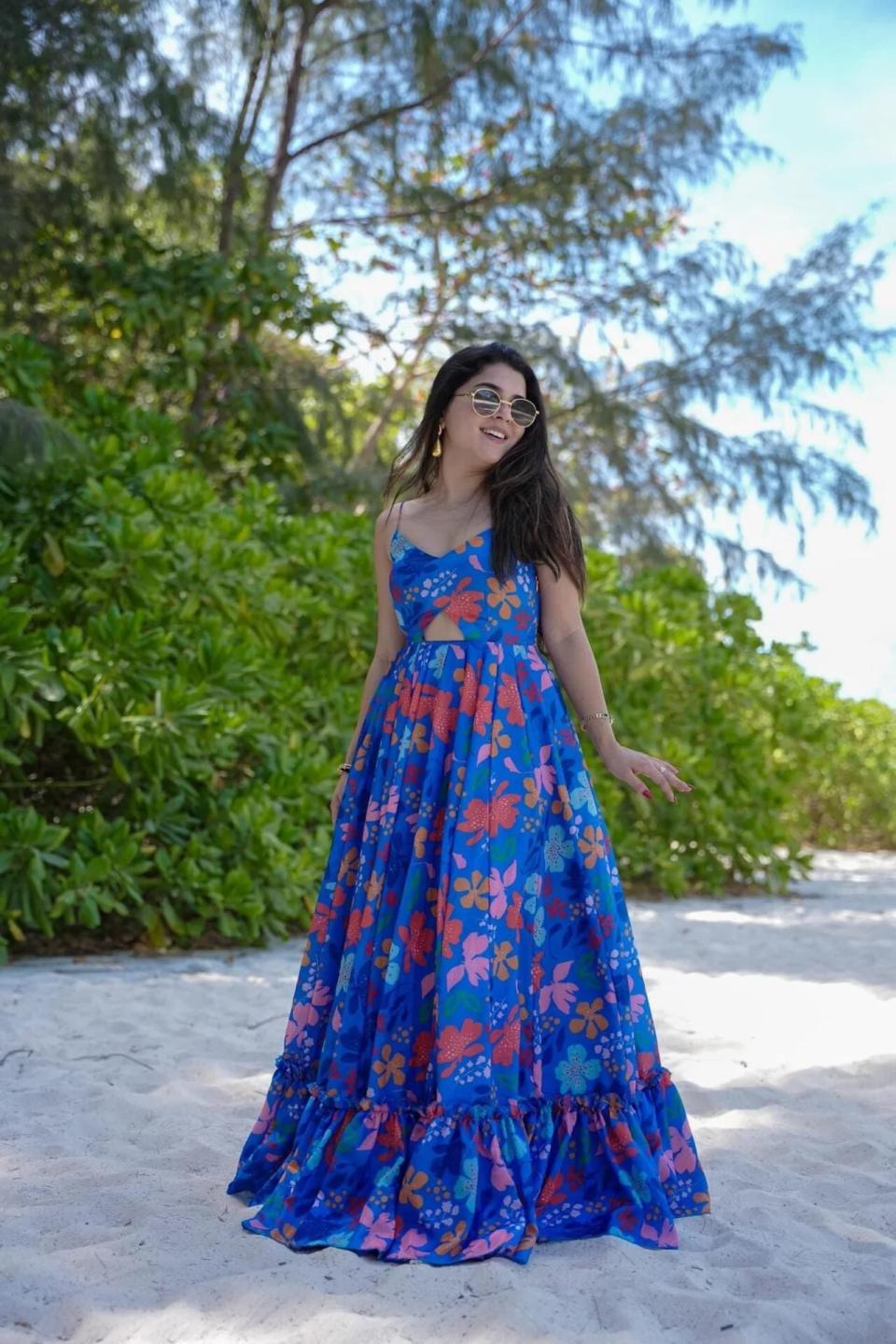 Vibrant Blue Floral Printed Poly Rayon Maxi Dress with Front Cutout & Tiered Hem – view 2